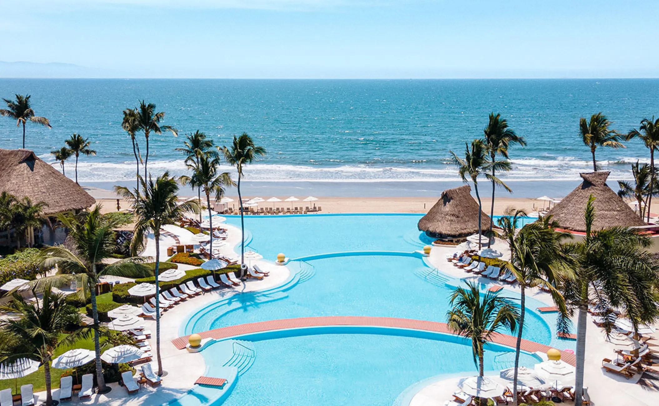 Grand Velas Riviera Nayarit multi-tiered infinity pool and beach overview, Puerto Vallarta