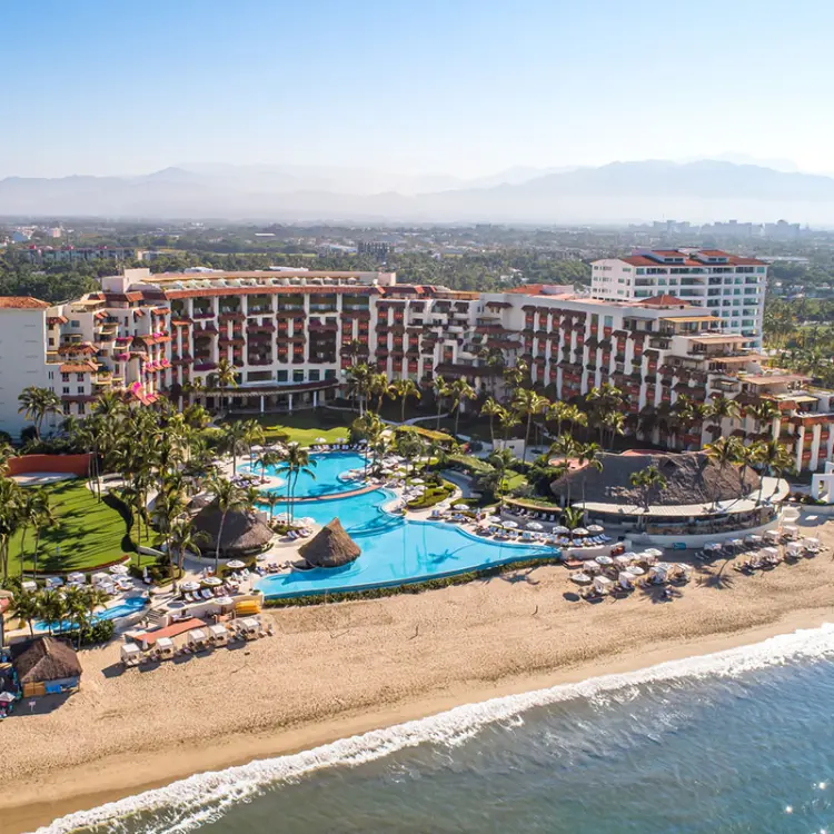 Aerial view of Grand Velas Riviera Nayarit beachfront and pool area, Puerto Vallarta