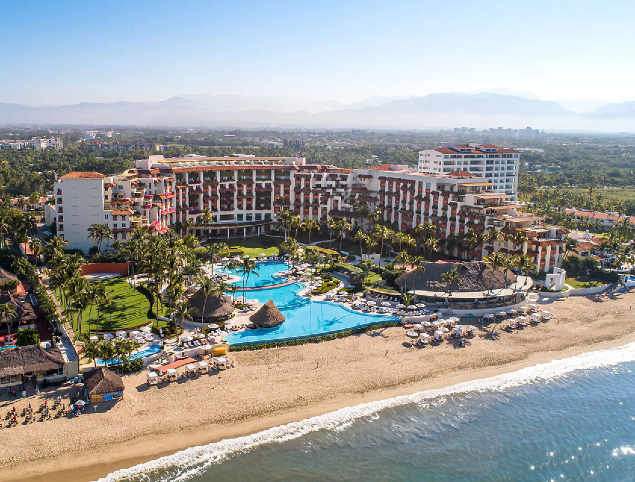 Aerial view of Grand Velas Riviera Nayarit beachfront and pool area, Puerto Vallarta