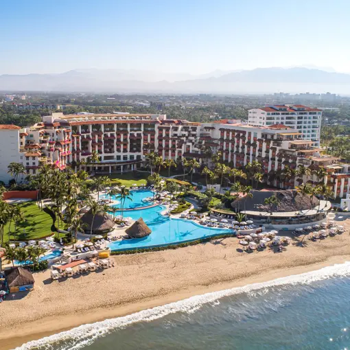 Aerial view of Grand Velas Riviera Nayarit beachfront and pool area, Puerto Vallarta