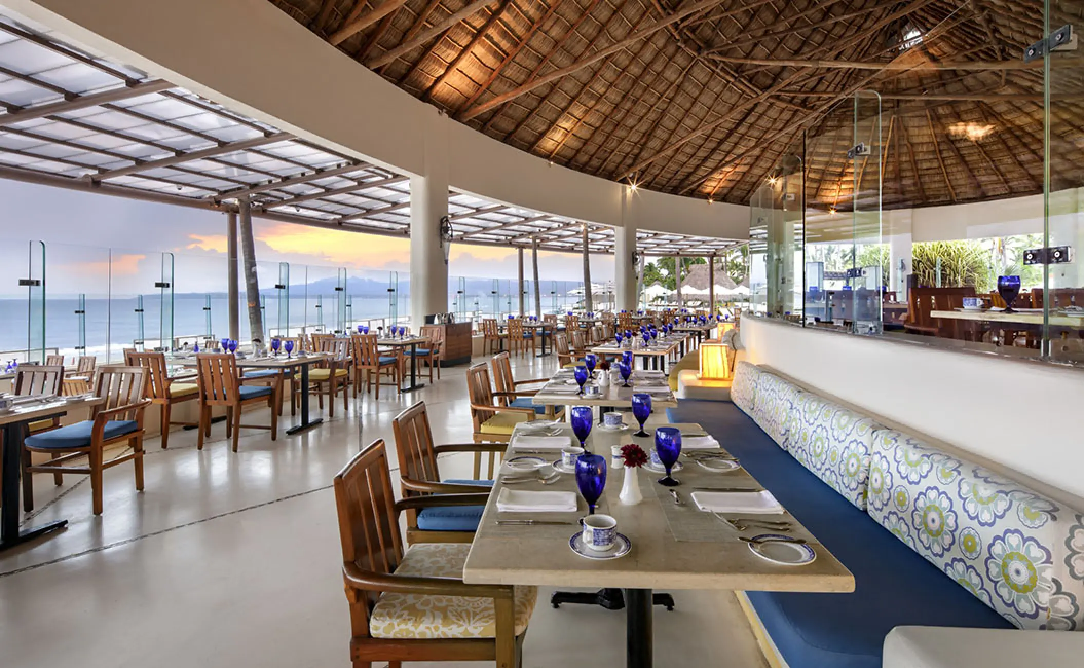 Azul restaurant with ocean views under a thatched palapa roof at Grand Velas Riviera Nayarit, Puerto Vallarta