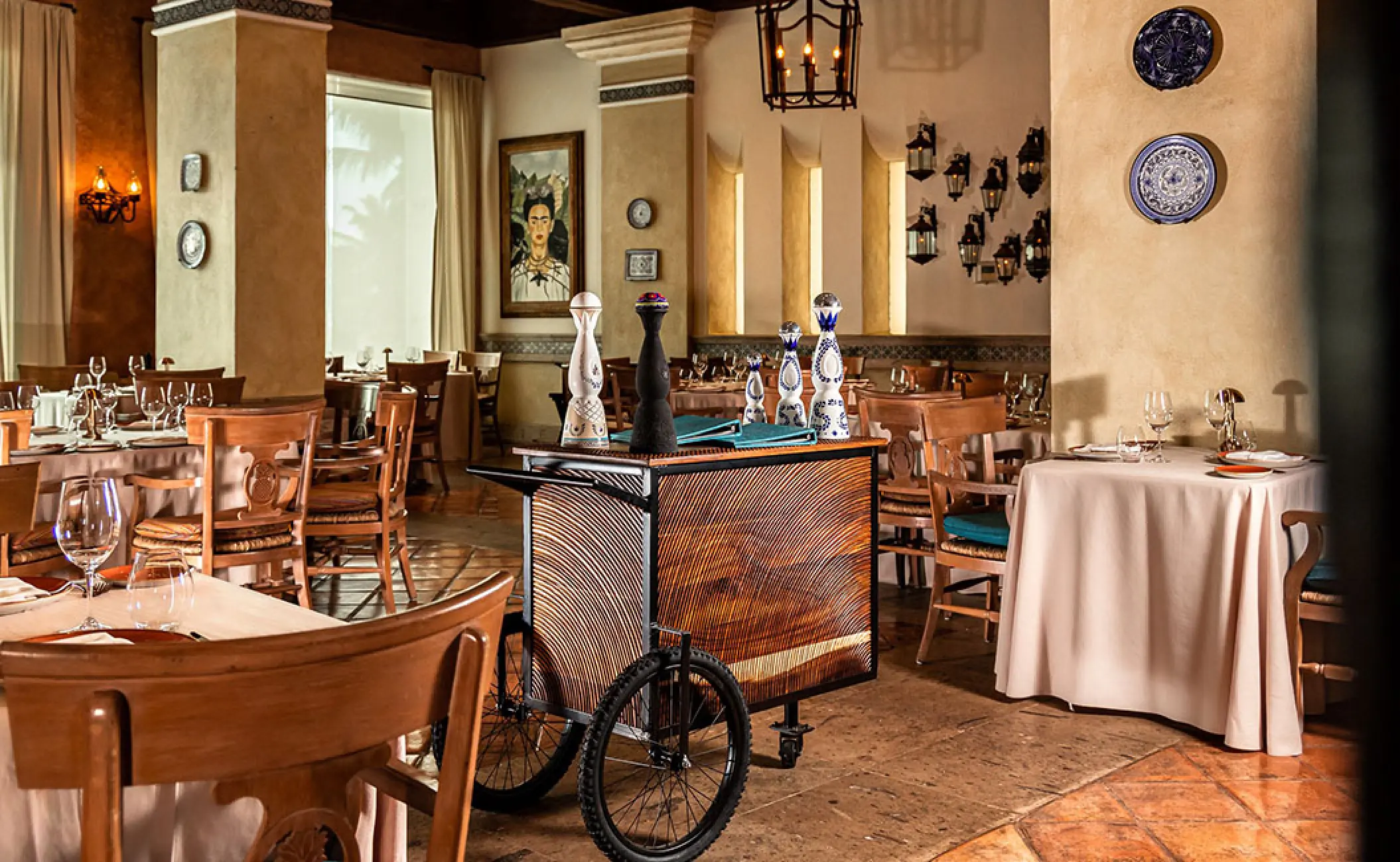 Mexican restaurant interior with a tequila cart at Grand Velas Riviera Nayarit, Puerto Vallarta