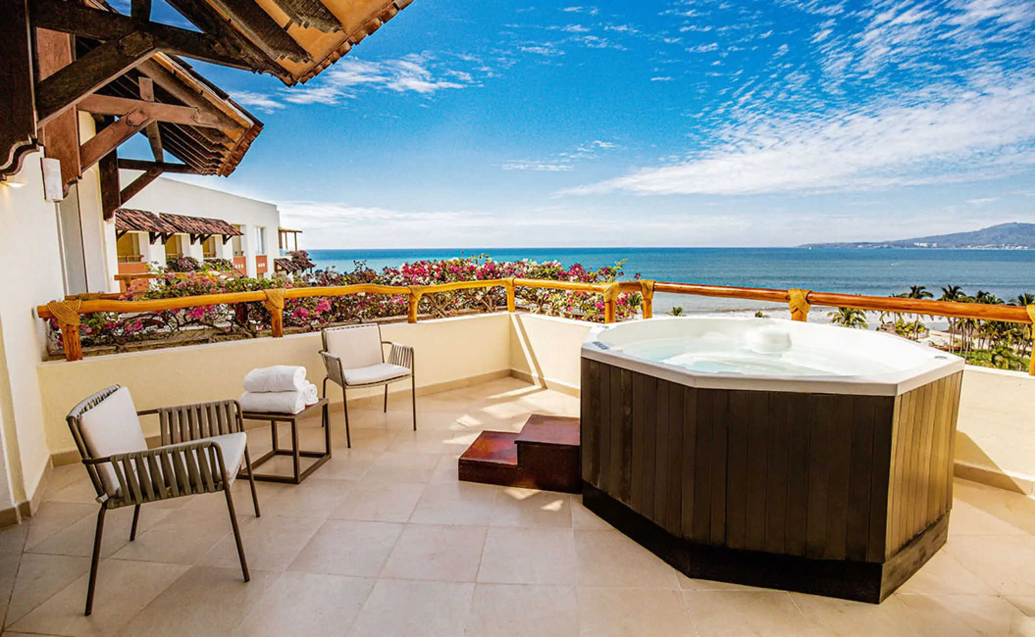 Private suite balcony with a hot tub and ocean views at Grand Velas Riviera Nayarit, Puerto Vallarta