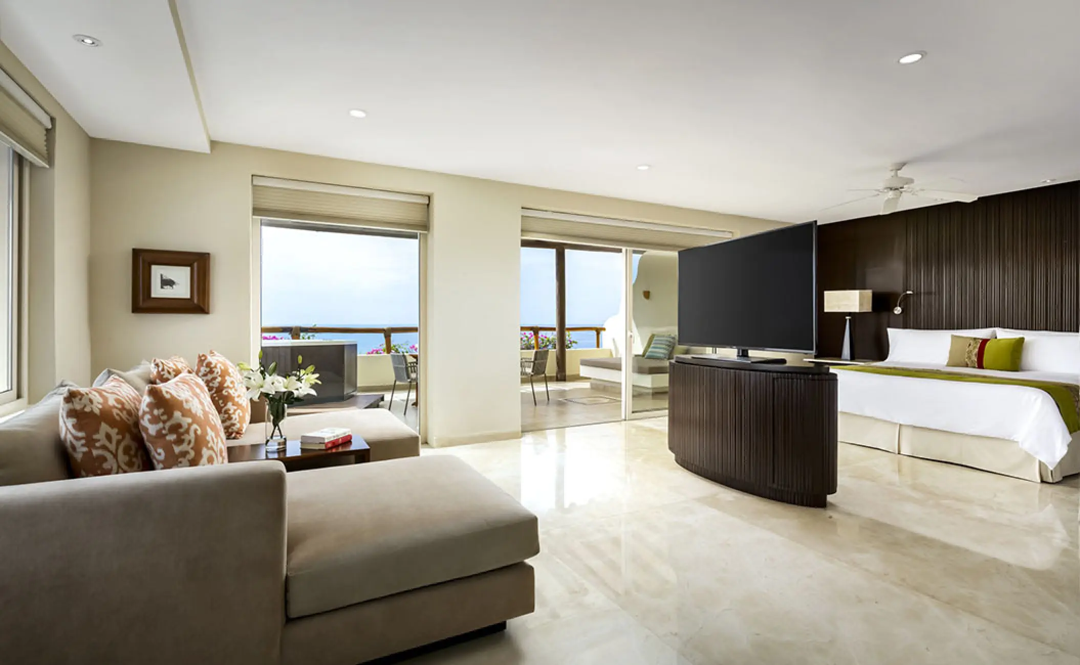 Governor Suite living area and bedroom at Grand Velas Riviera Nayarit, Puerto Vallarta