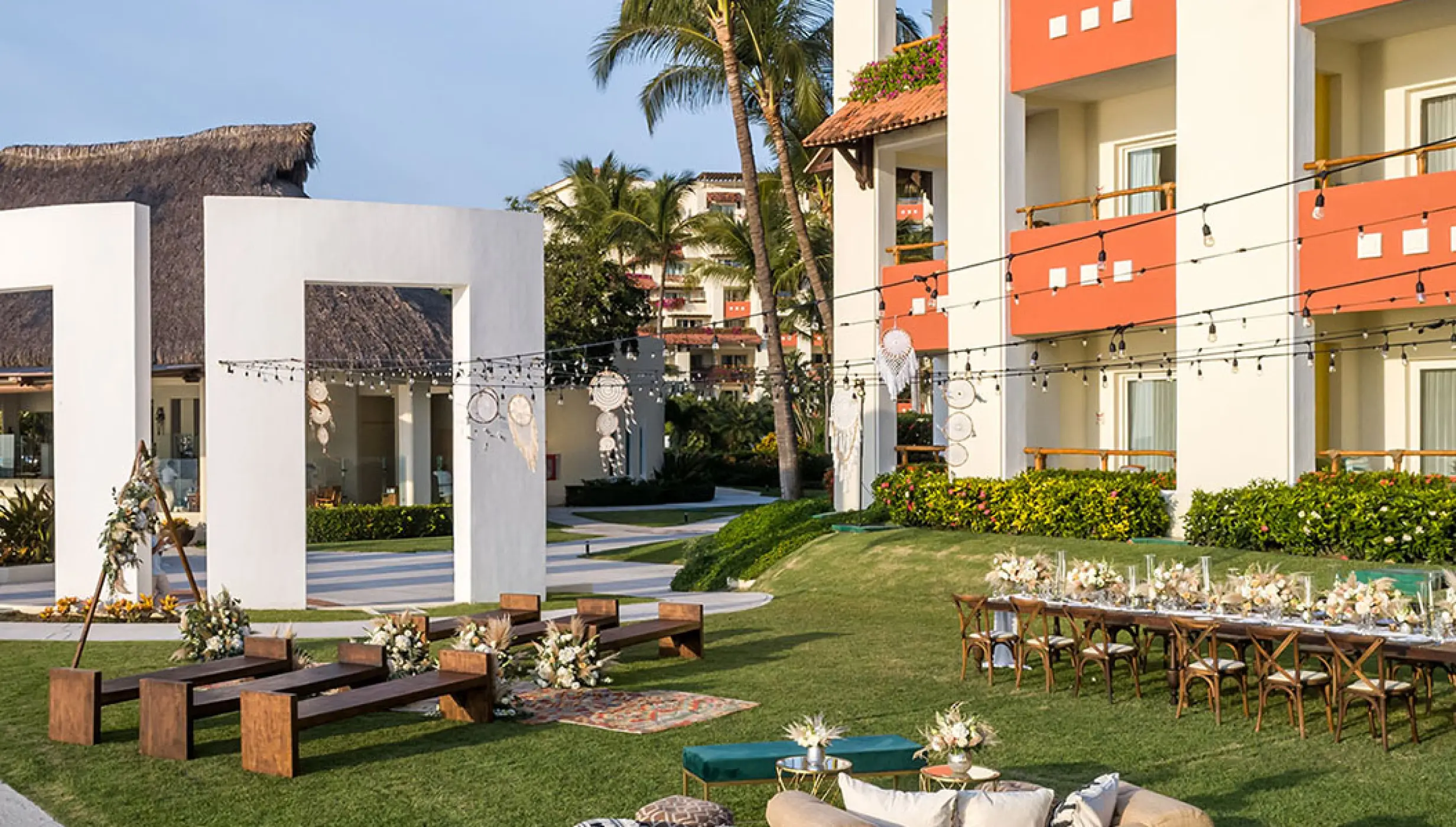 Outdoor wedding reception and ceremony lounge set up on the lawn at Grand Velas Riviera Nayarit, Puerto Vallarta