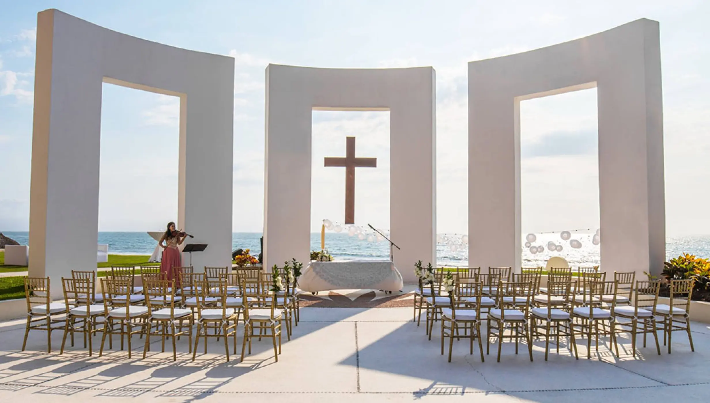Catholic wedding ceremony setup on the terrace at Grand Velas Riviera Nayarit, Puerto Vallarta