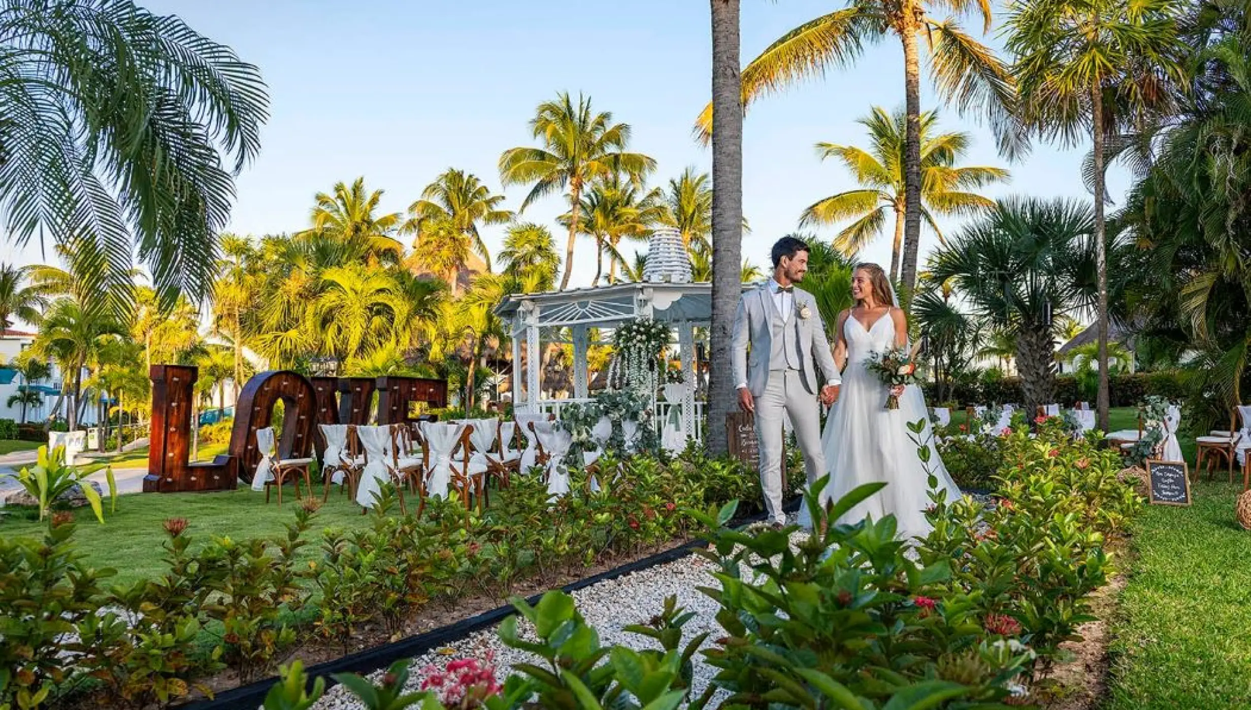 bride and groom at the gazebo venue at Ocean Maya Royale
