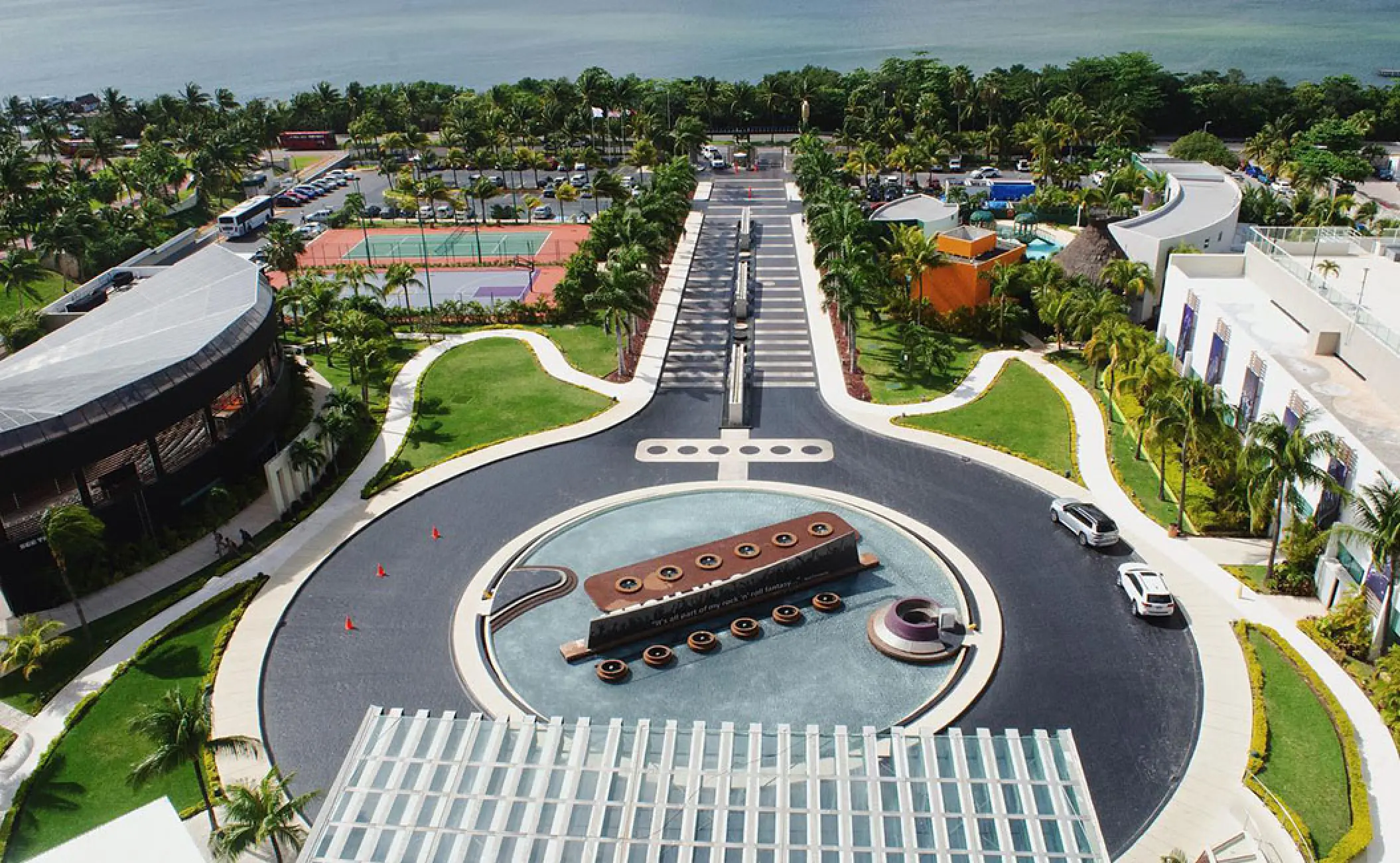Aerial view of the guitar-shaped motor lobby and entrance at Hard Rock Cancun, Cancun