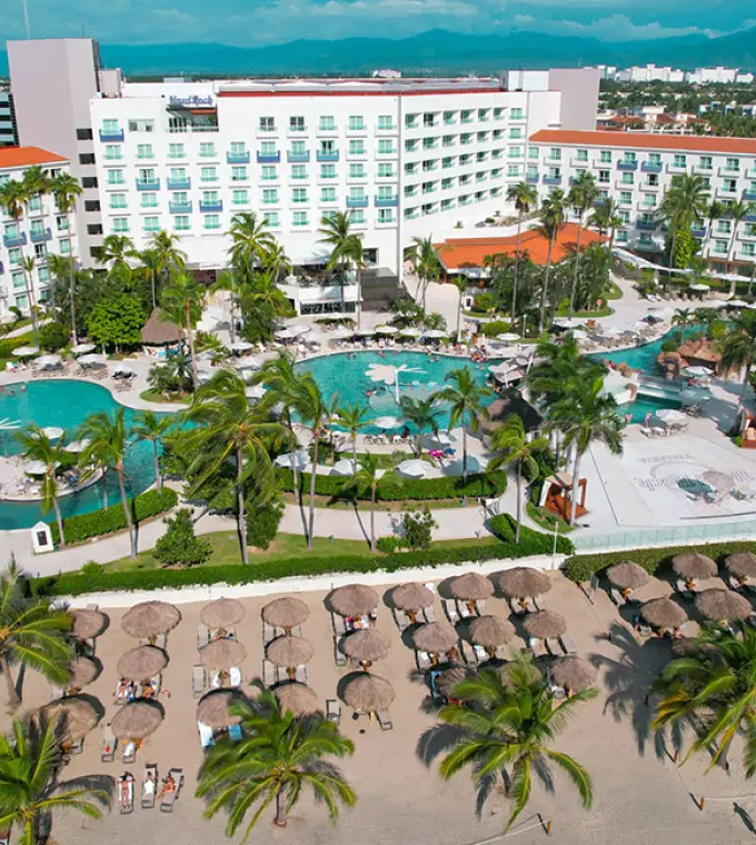 Hard Rock Vallarta aerial view of pools, beachfront and resort buildings, Puerto Vallarta