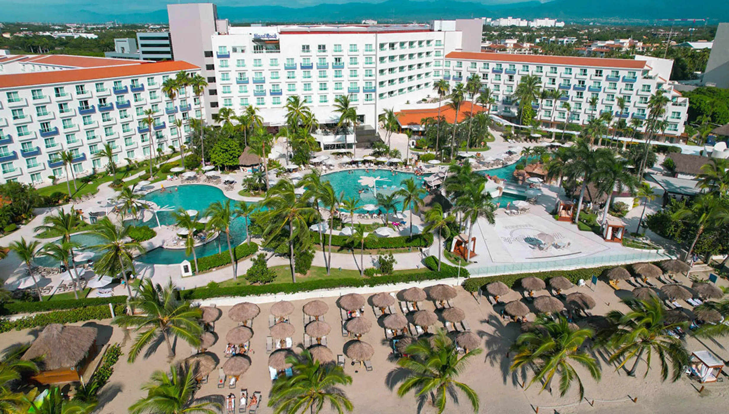 Hard Rock Vallarta aerial view of pools, beachfront and resort buildings, Puerto Vallarta