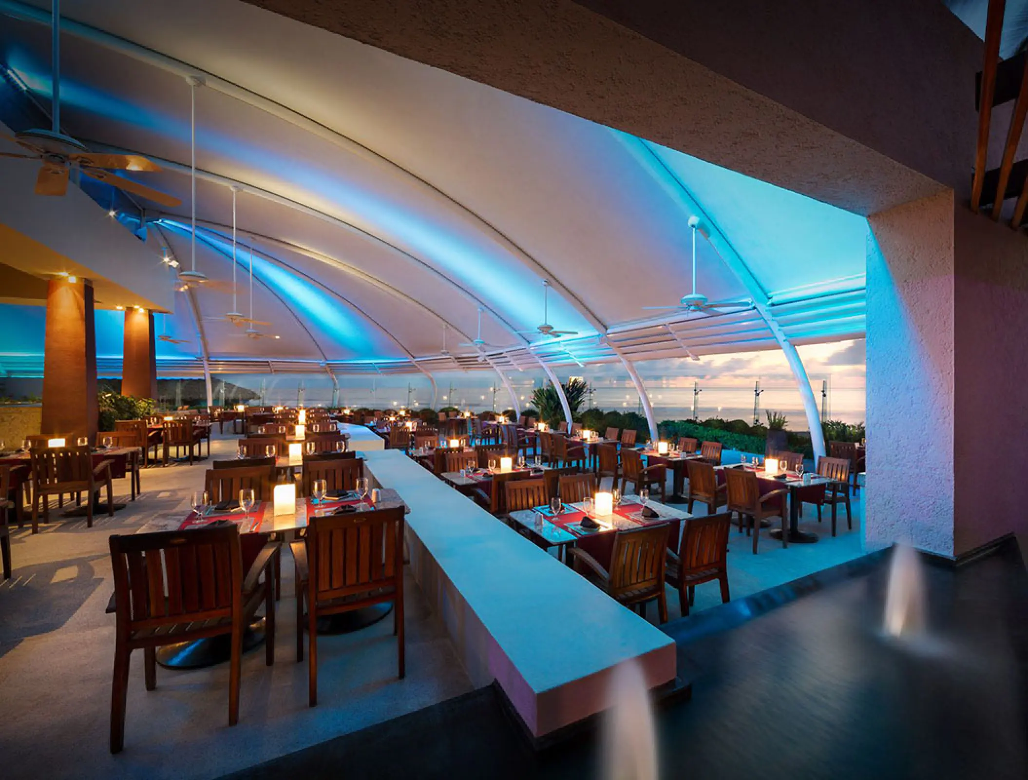Ciao restaurant at Hard Rock Hotel Vallarta with arched ceiling and blue lighting, Puerto Vallarta