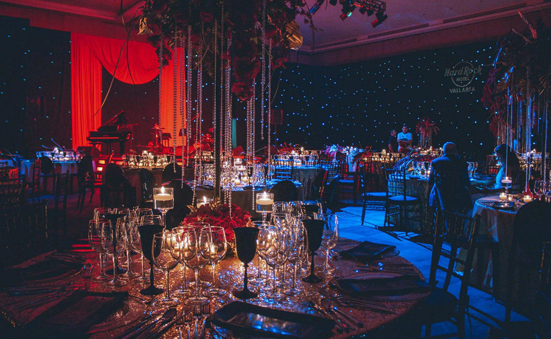 Sanctuary Ballroom wedding reception setup with crystal centerpieces at Hard Rock Vallarta, Puerto Vallarta