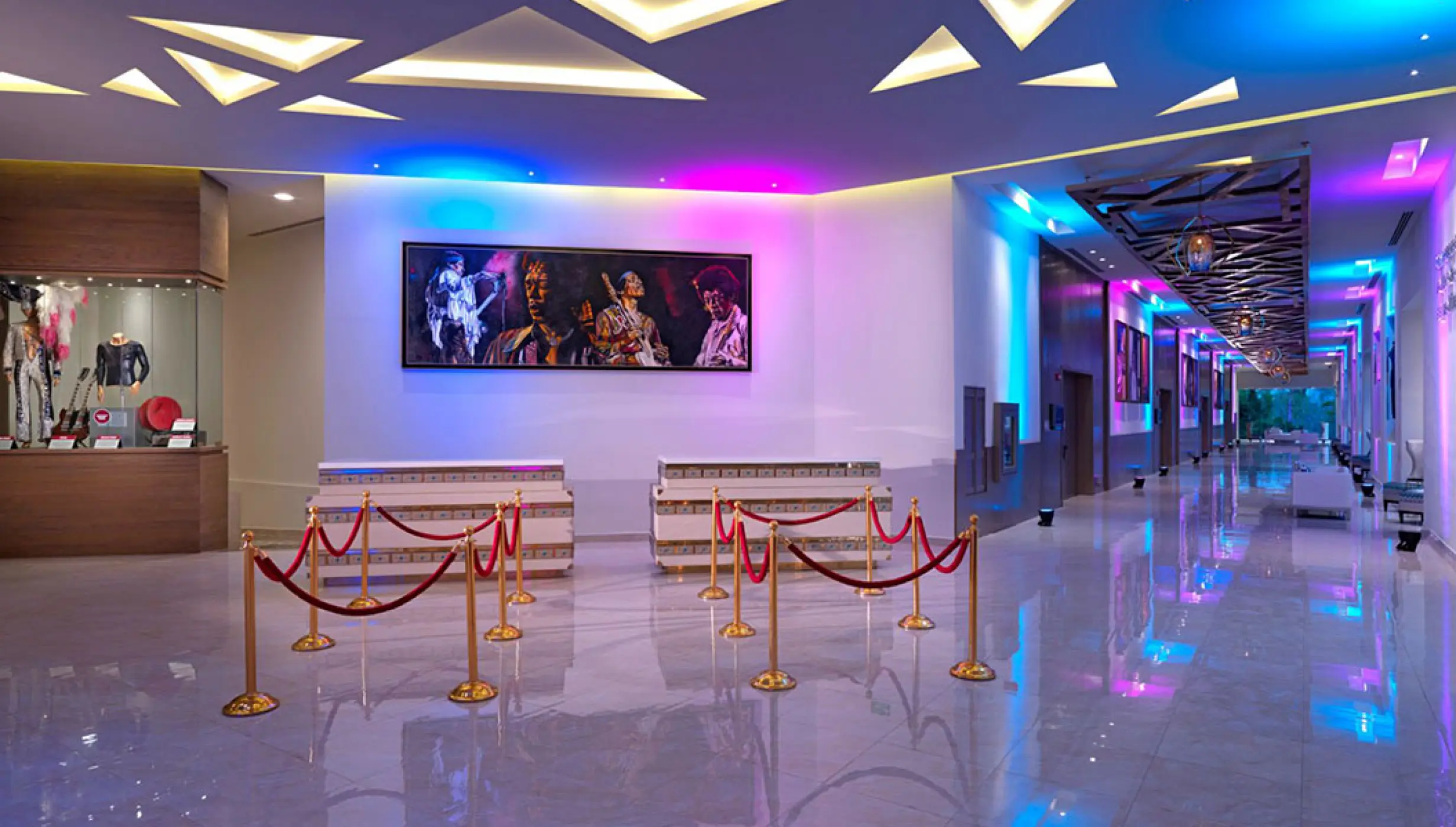Modern sanctuary foyer with neon lighting and memorabilia at Hard Rock Vallarta, Puerto Vallarta