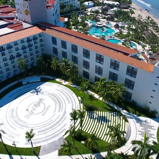 Aerial view of Hard Rock Hotel Vallarta terrace, pools and beach, Puerto Vallarta