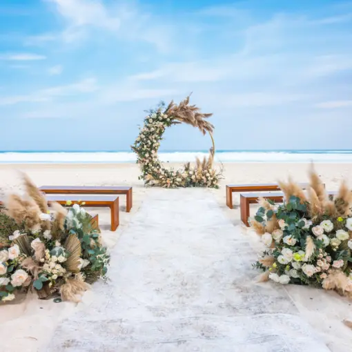 Beachfront wedding ceremony setup with floral hoop and wooden benches at Hilton Cancun Mar Caribe, Cancun