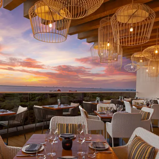 La Luce terrace restaurant at Hilton Cancun Mar Caribe during sunset, Cancun