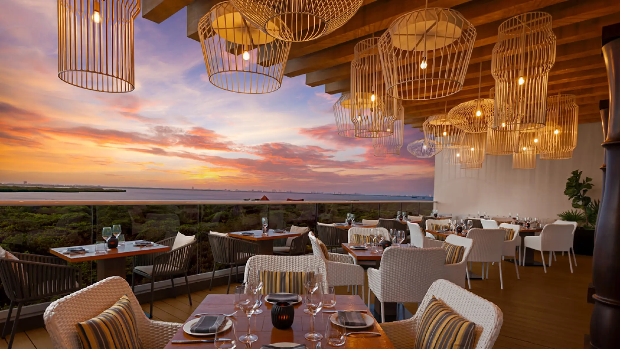 La Luce terrace restaurant at Hilton Cancun Mar Caribe during sunset, Cancun
