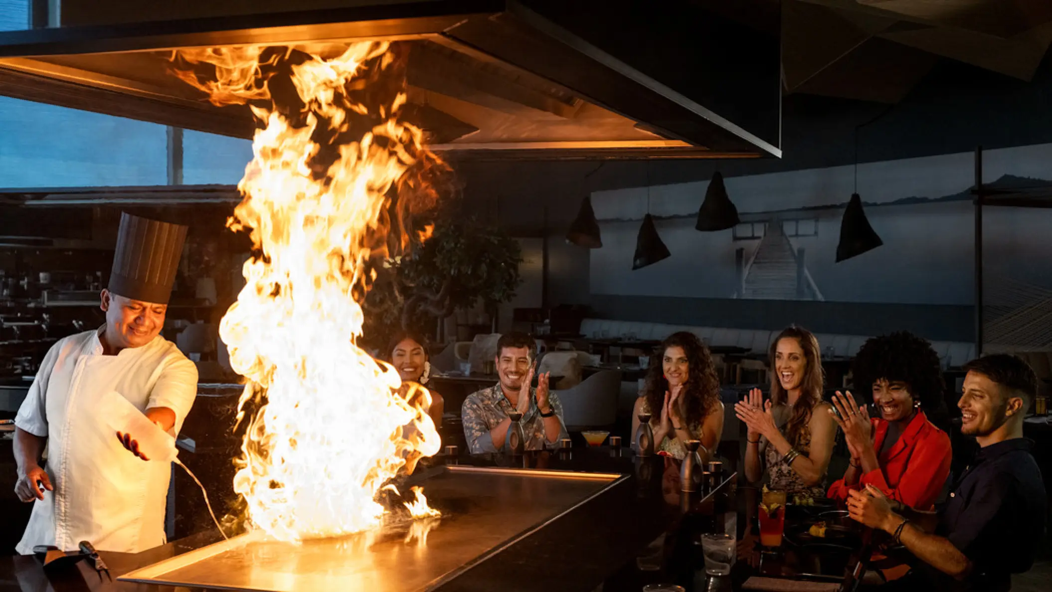 Teppanyaki show with large flames at Noriku restaurant, Hilton Cancun Mar Caribe