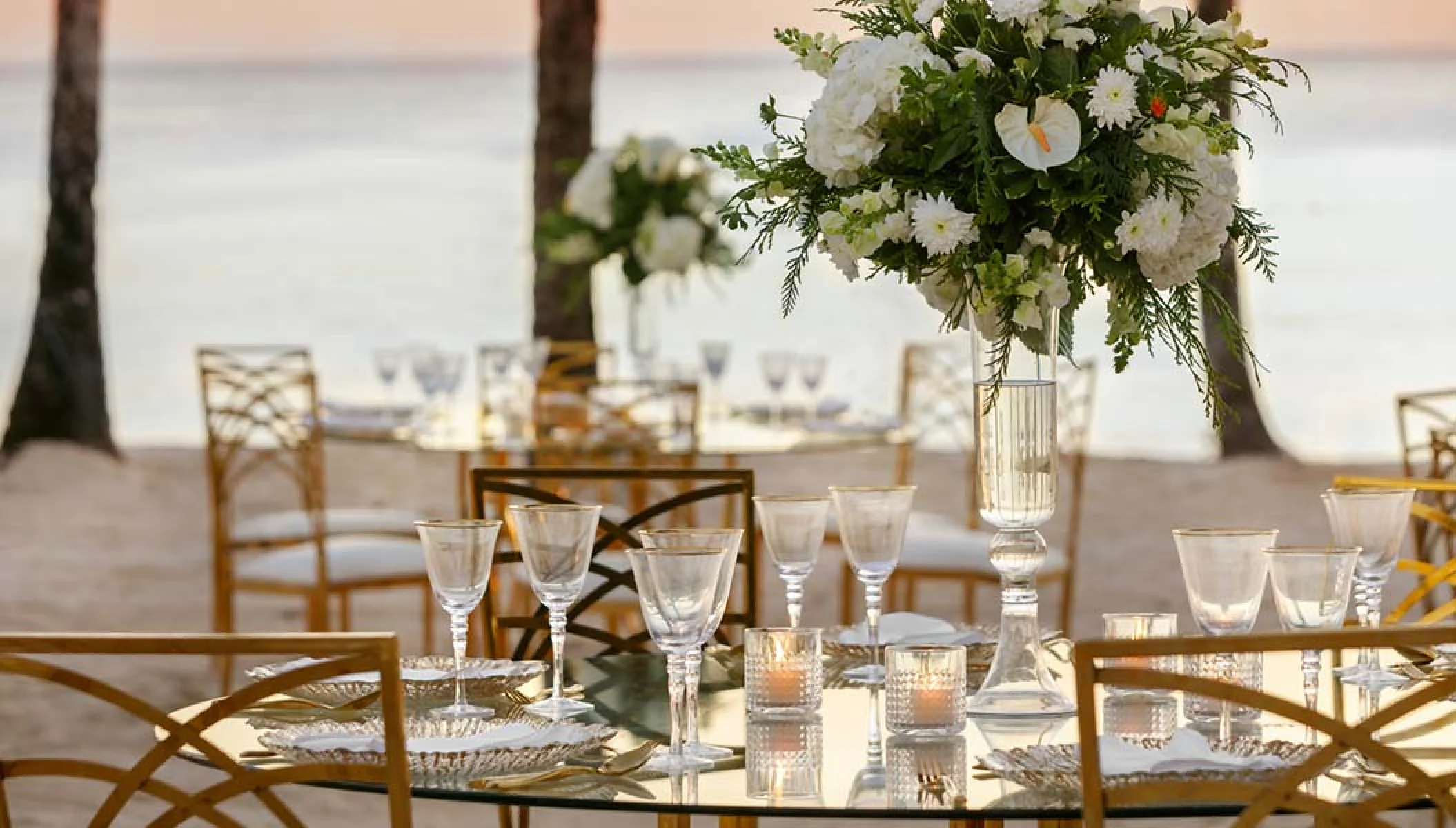 beach reception setup at Secrets La Romana