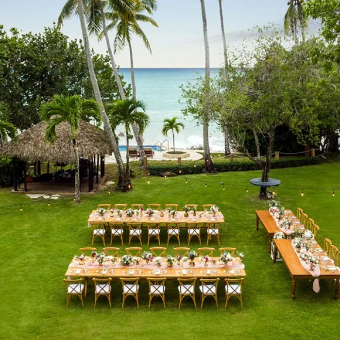 reception setup on the garden at Secrets La Romana