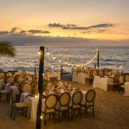 Dinner reception decor on the beach wedding venue at Hilton Vallarta Riviera