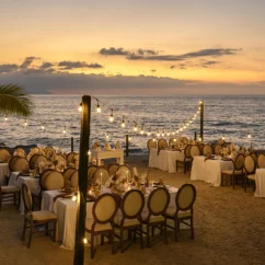 Dinner reception decor on the beach wedding venue at Hilton Vallarta Riviera