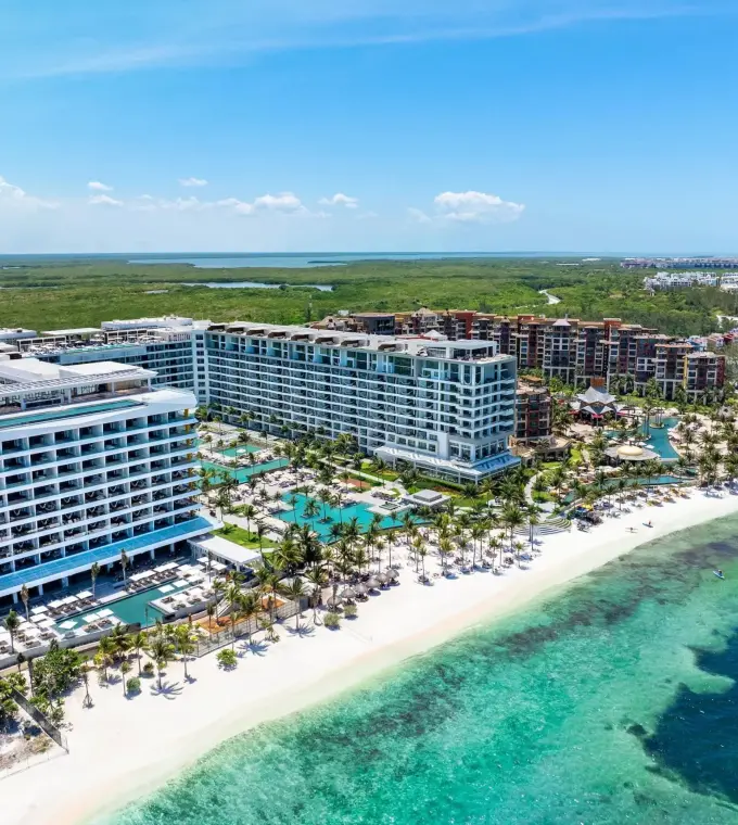 Aerial view of Hotel Mousai Cancun beachfront and pools, Cancun