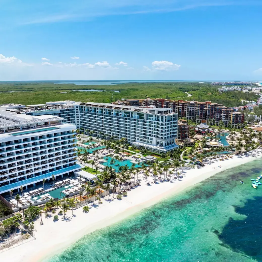 Aerial view of Hotel Mousai Cancun beachfront and pools, Cancun
