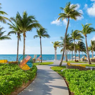 Palm tree-lined pathway overlooking the ocean at Hotel Mousai Cancun