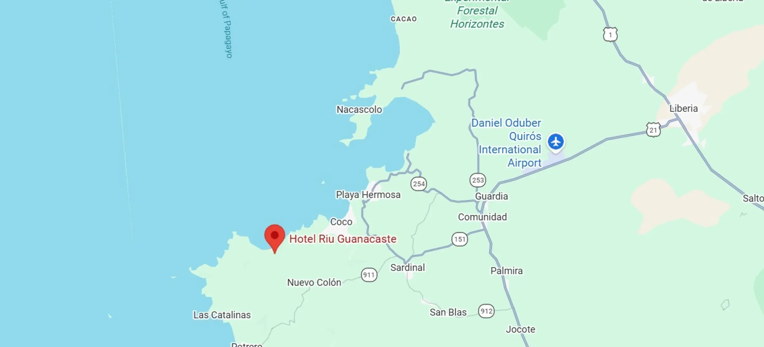 map showing location of Hotel Riu Guanacaste in Costa Rica
