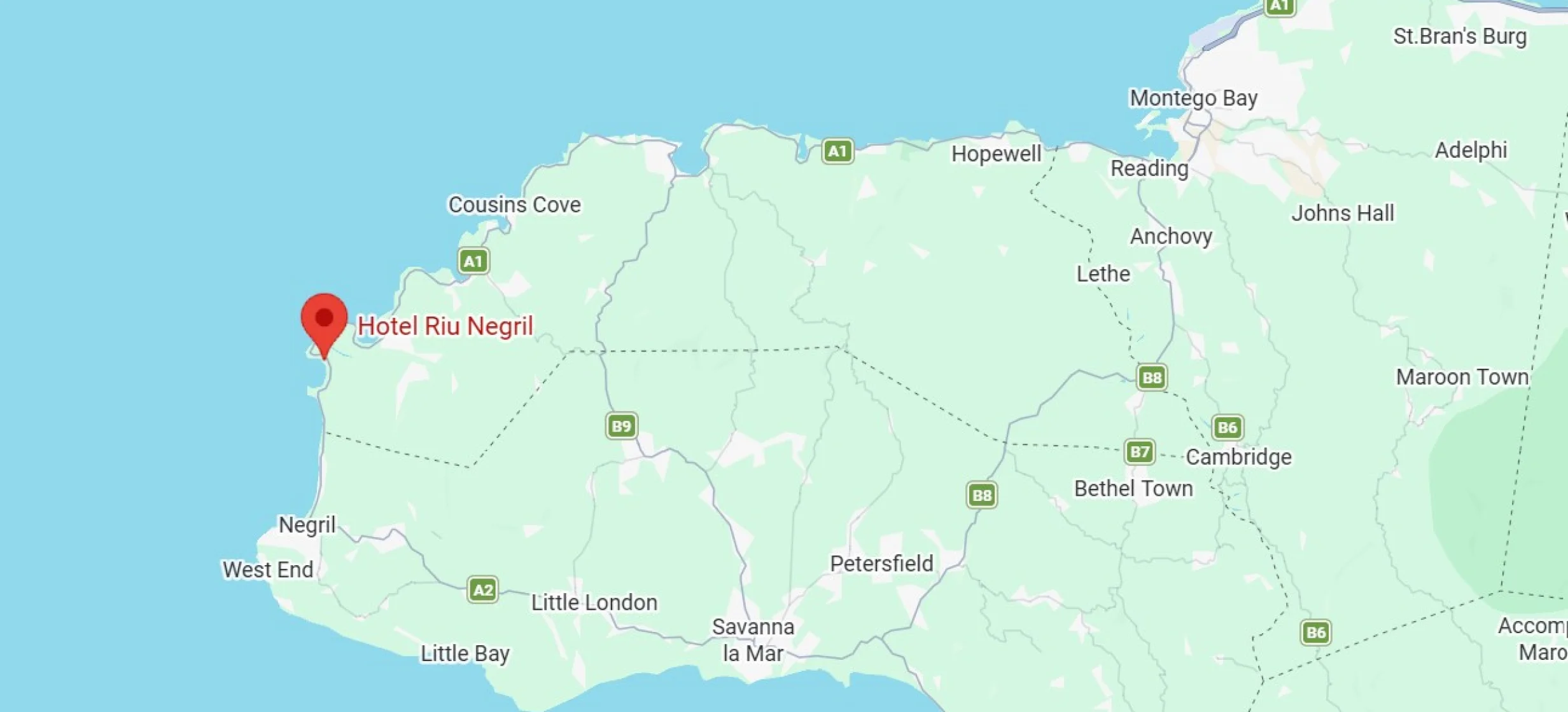 map showing location of Hotel Riu Negril in Jamaica
