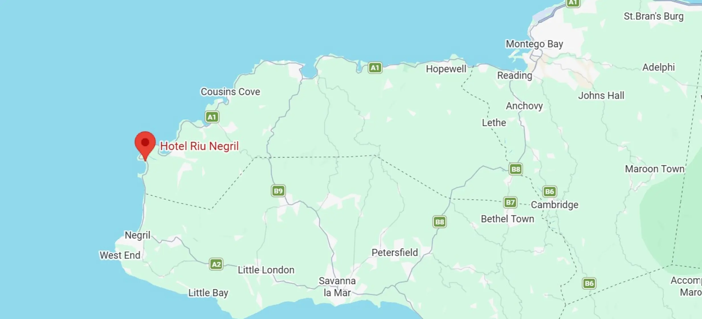 Map showing the location of Riu Negril on the western coast of Jamaica