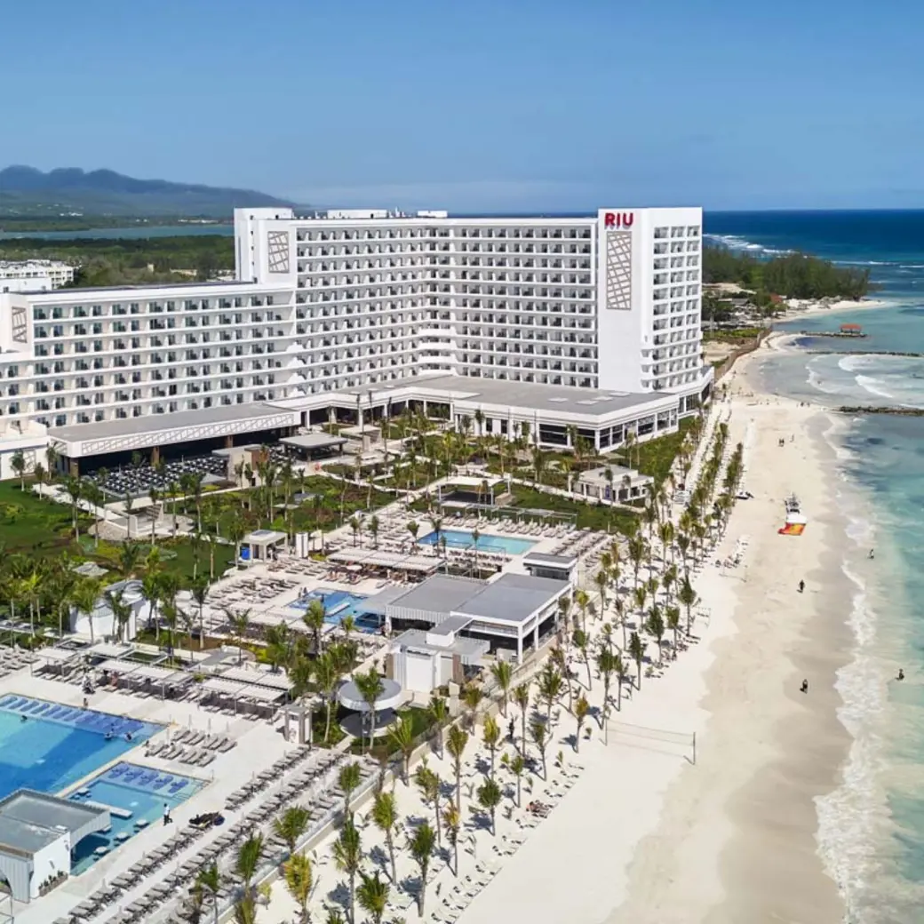 Aerial view of Riu Palace Aquarelle pools and beach, Montego Bay