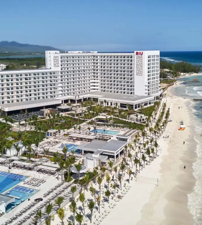 Aerial view of Riu Palace Aquarelle pools and beach, Montego Bay