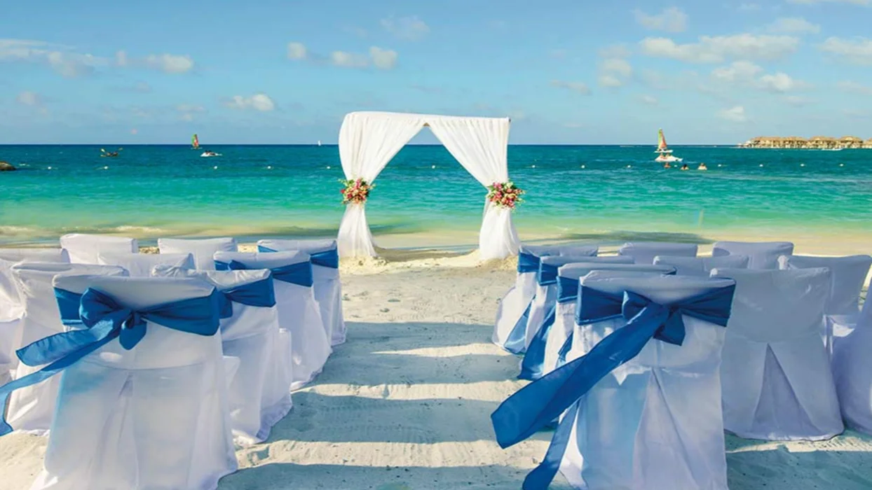 beach wedding setup at Hotel Riu Reggae