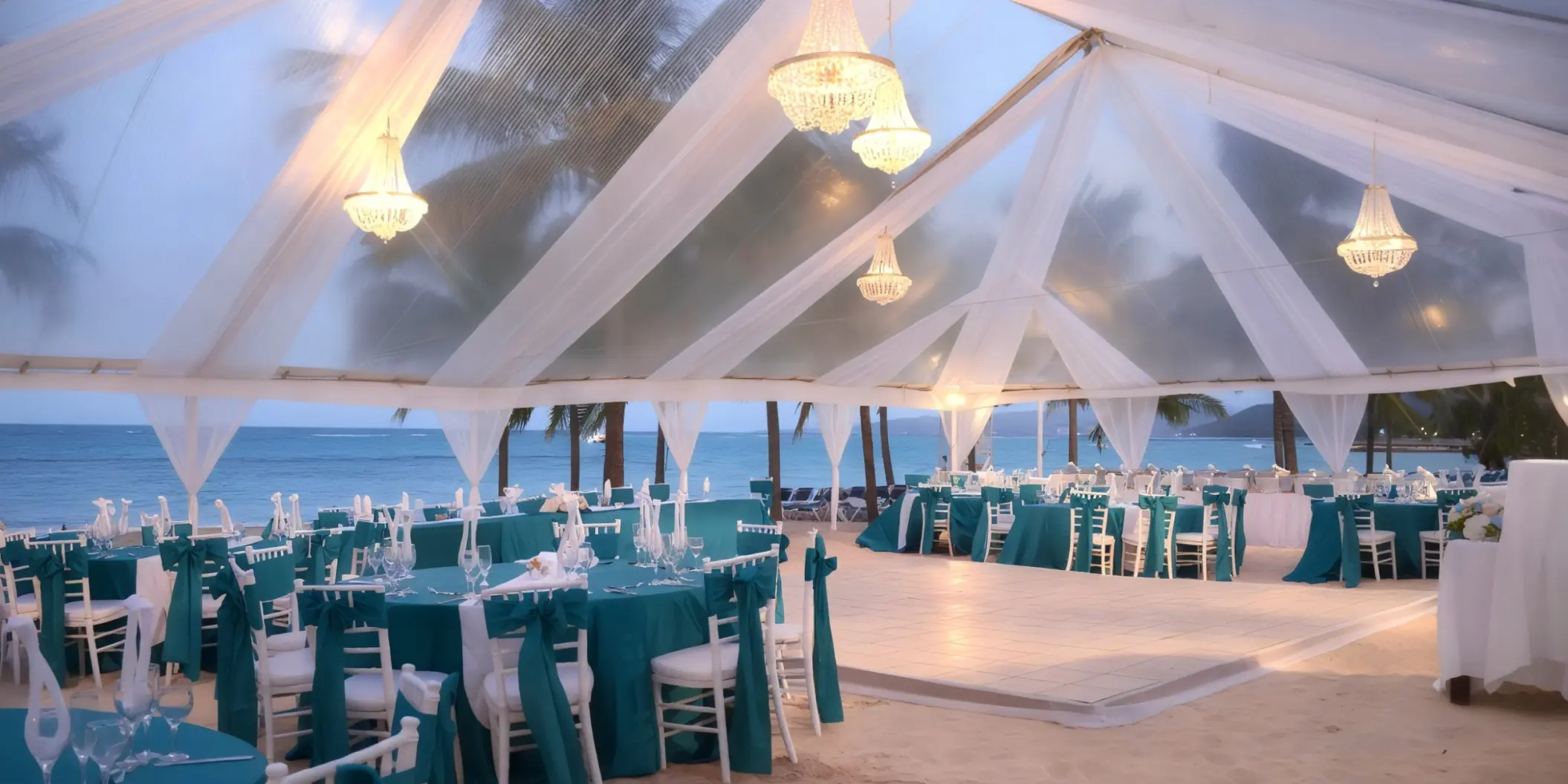 Beachfront wedding reception setup under a clear tent at Hotel Riu Reggae, Montego Bay