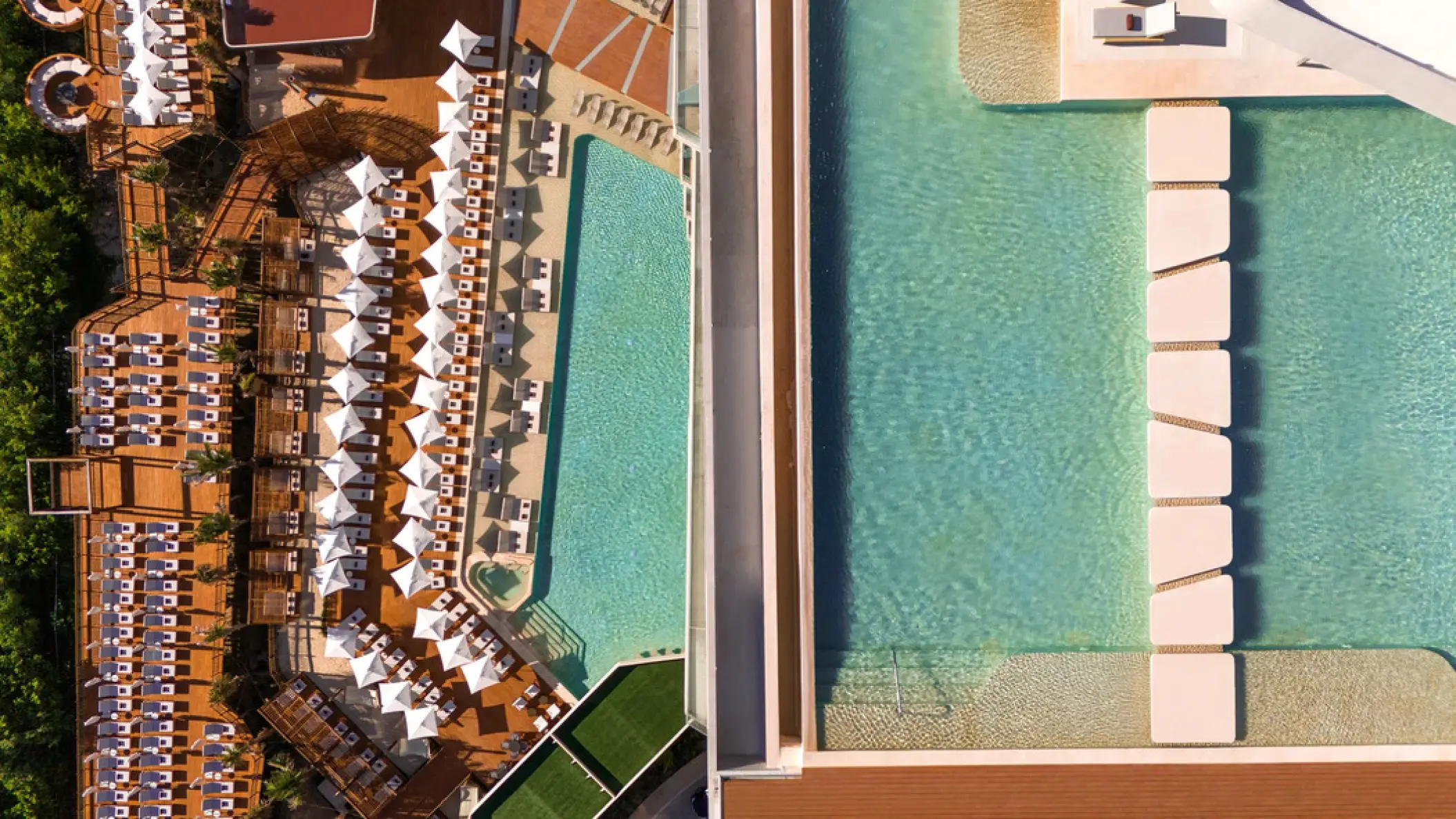 Aerial view of the pools and lounge decks at Hyatt Vivid Grand Island, Cancun