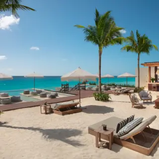 Cobalt rooftop deck beach club with lounge chairs and bar at Hyatt Vivid Grand Island, Cancun