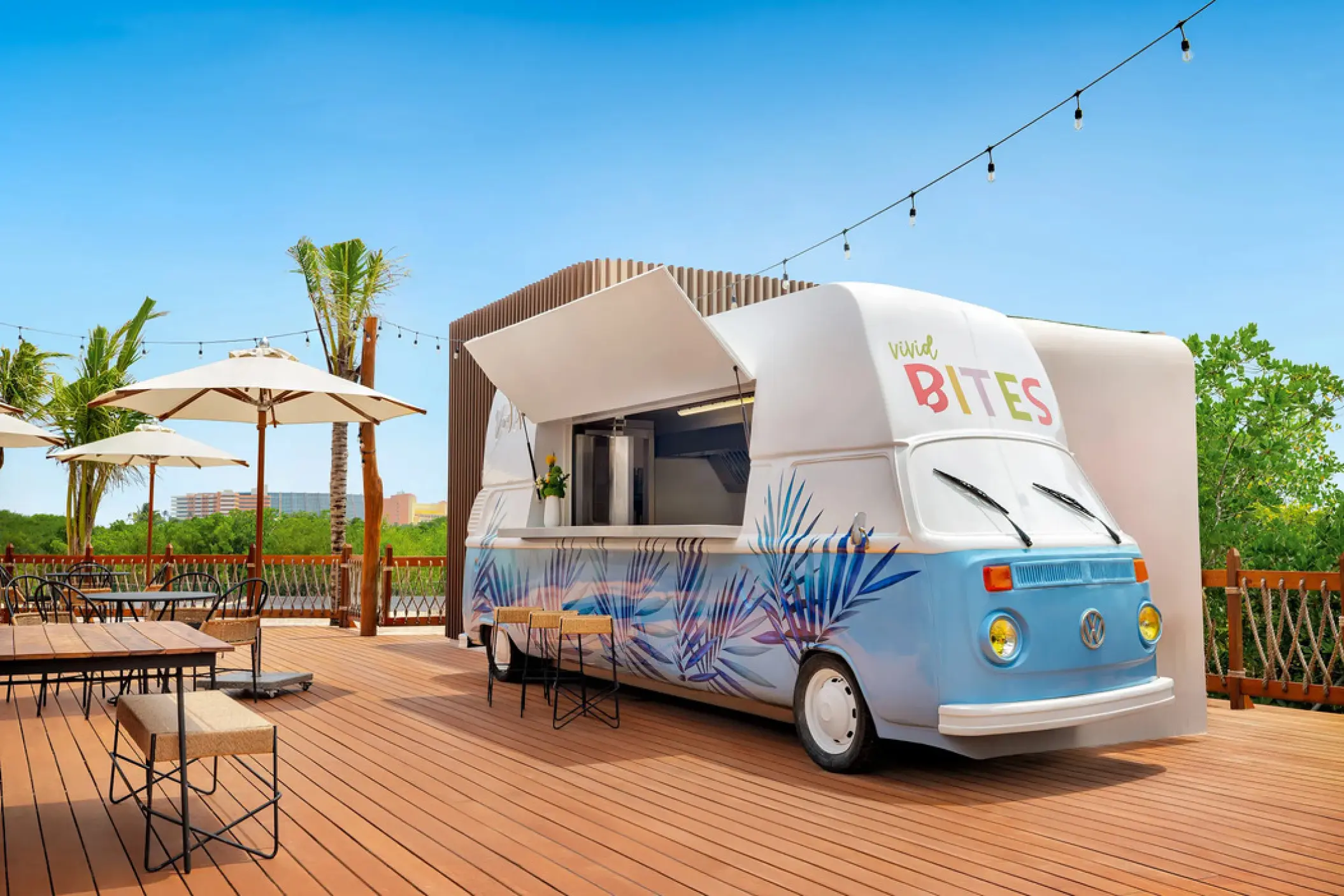 Vivid Bites food truck on a wooden deck at Hyatt Vivid Grand Island, Cancun