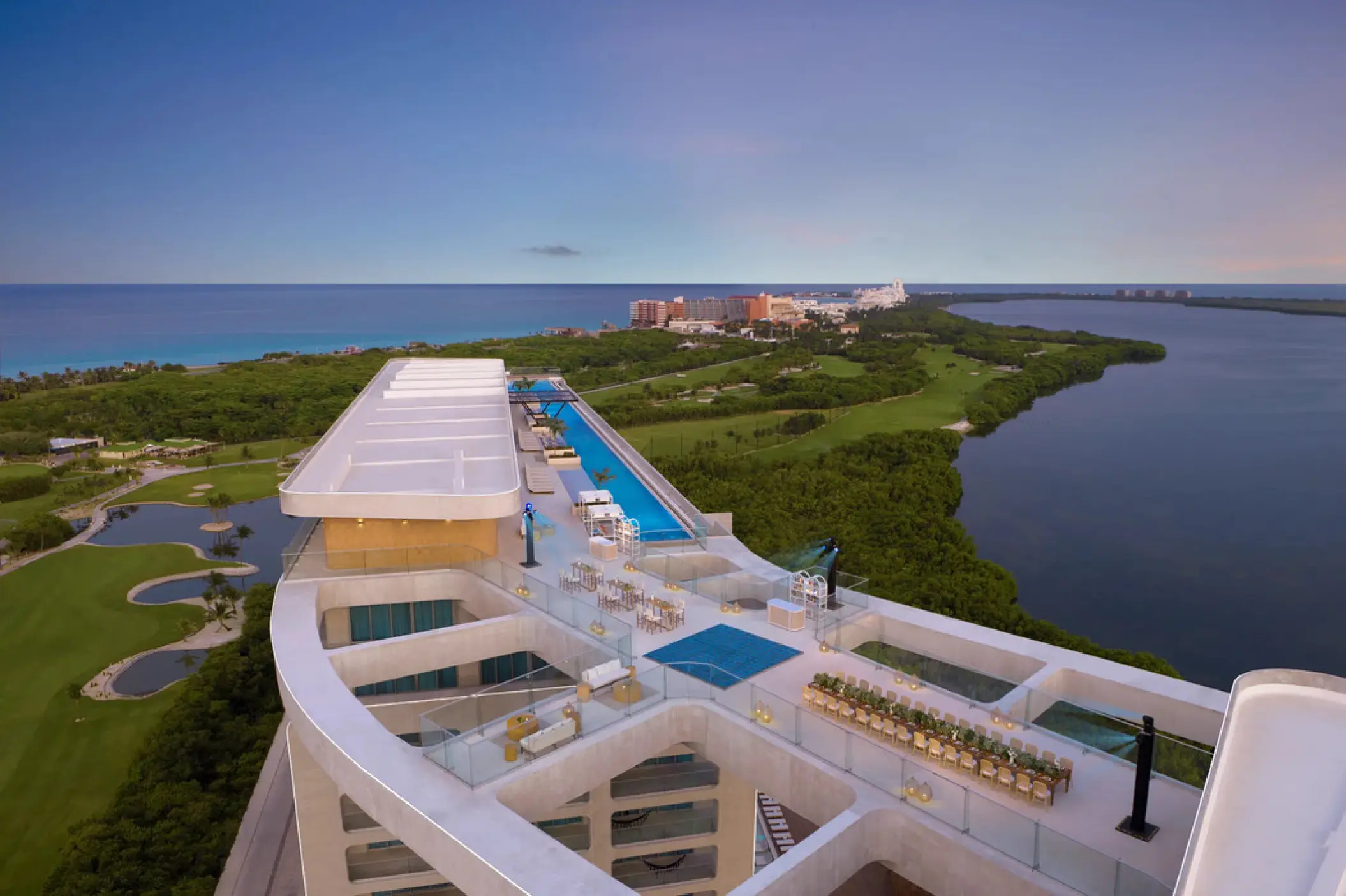 Rooftop wedding reception setup at Hyatt Vivid Grand Island, Cancun