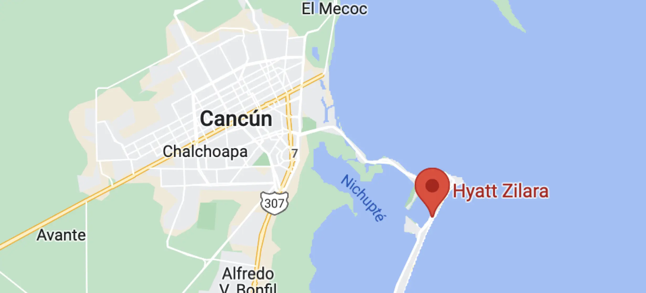Map showing the location of Hyatt Zilara Cancun on the coastline of the Hotel Zone, Cancun