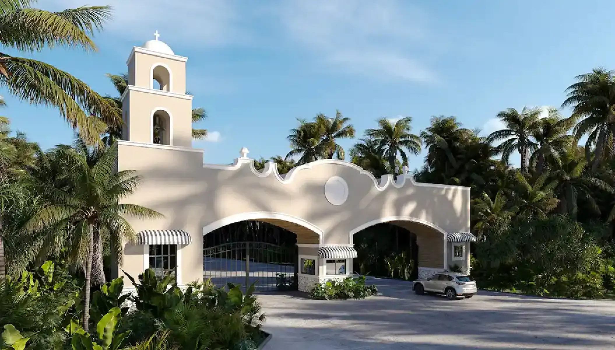 Hacienda-style arched entrance with a bell tower at Hyatt Zilara Riviera Maya, Riviera Maya