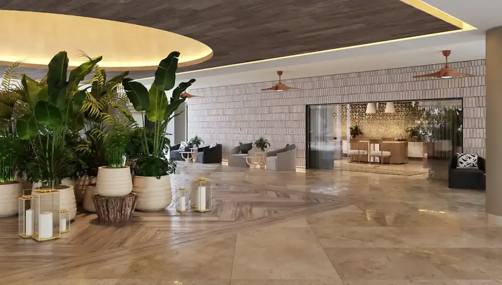 Hyatt Zilara Riviera Maya lobby with polished stone floors and lush indoor plants, Riviera Maya