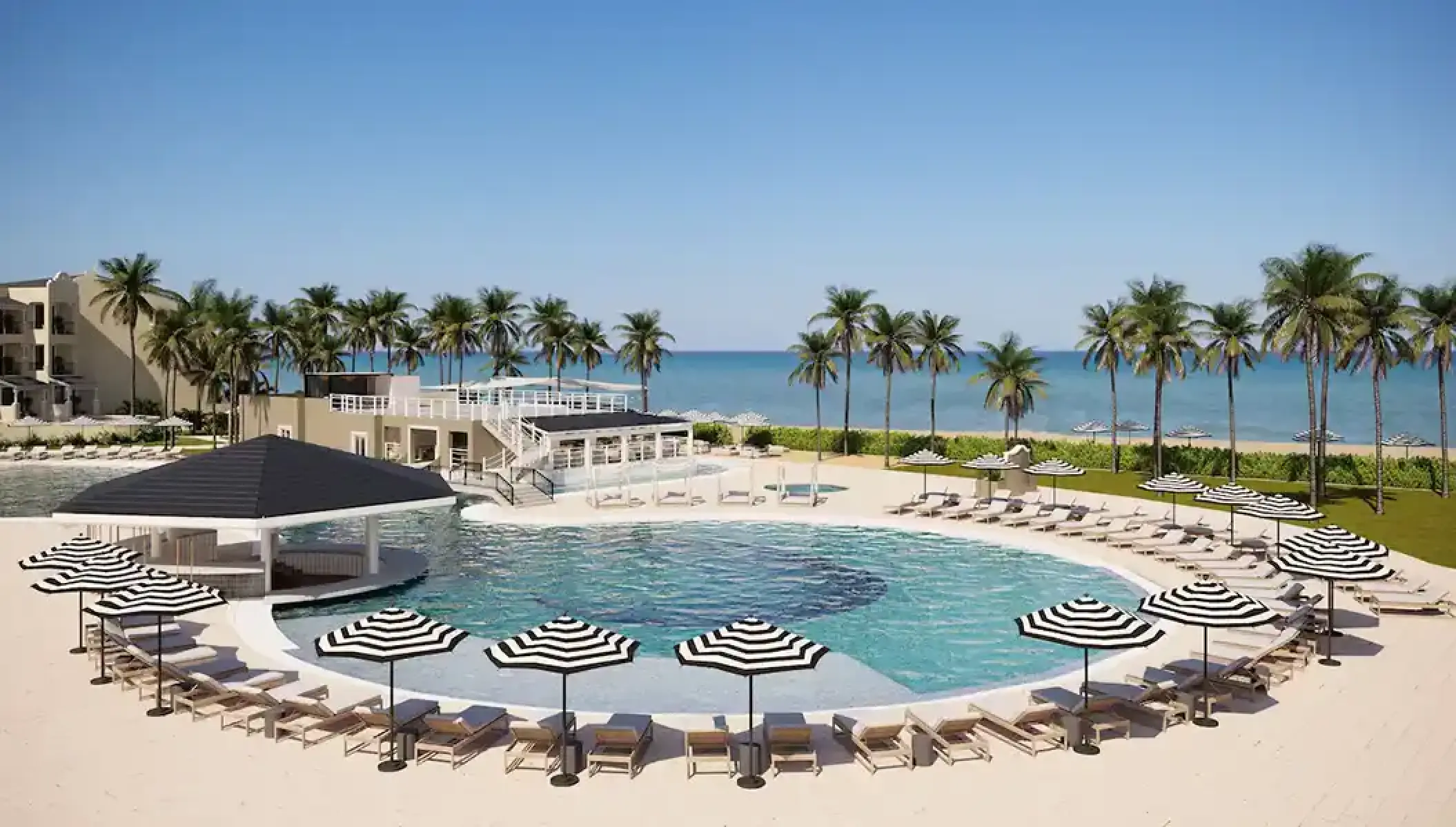 Circular main pool with striped umbrellas and swim-up bar at Hyatt Zilara Riviera Maya