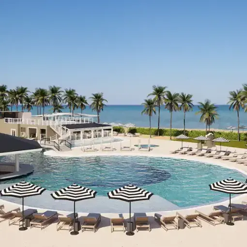 Circular main pool with striped umbrellas and swim-up bar at Hyatt Zilara Riviera Maya