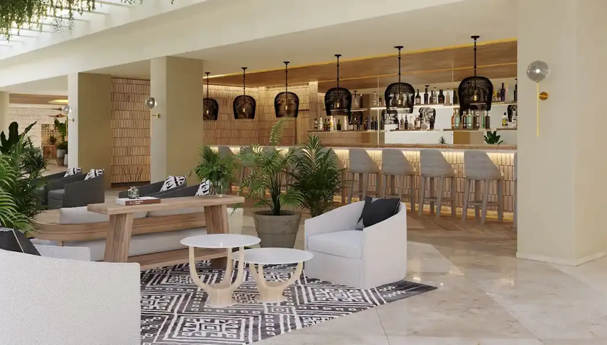 Modern lounge and bar area with woven pendant lights at Hyatt Zilara Riviera Maya