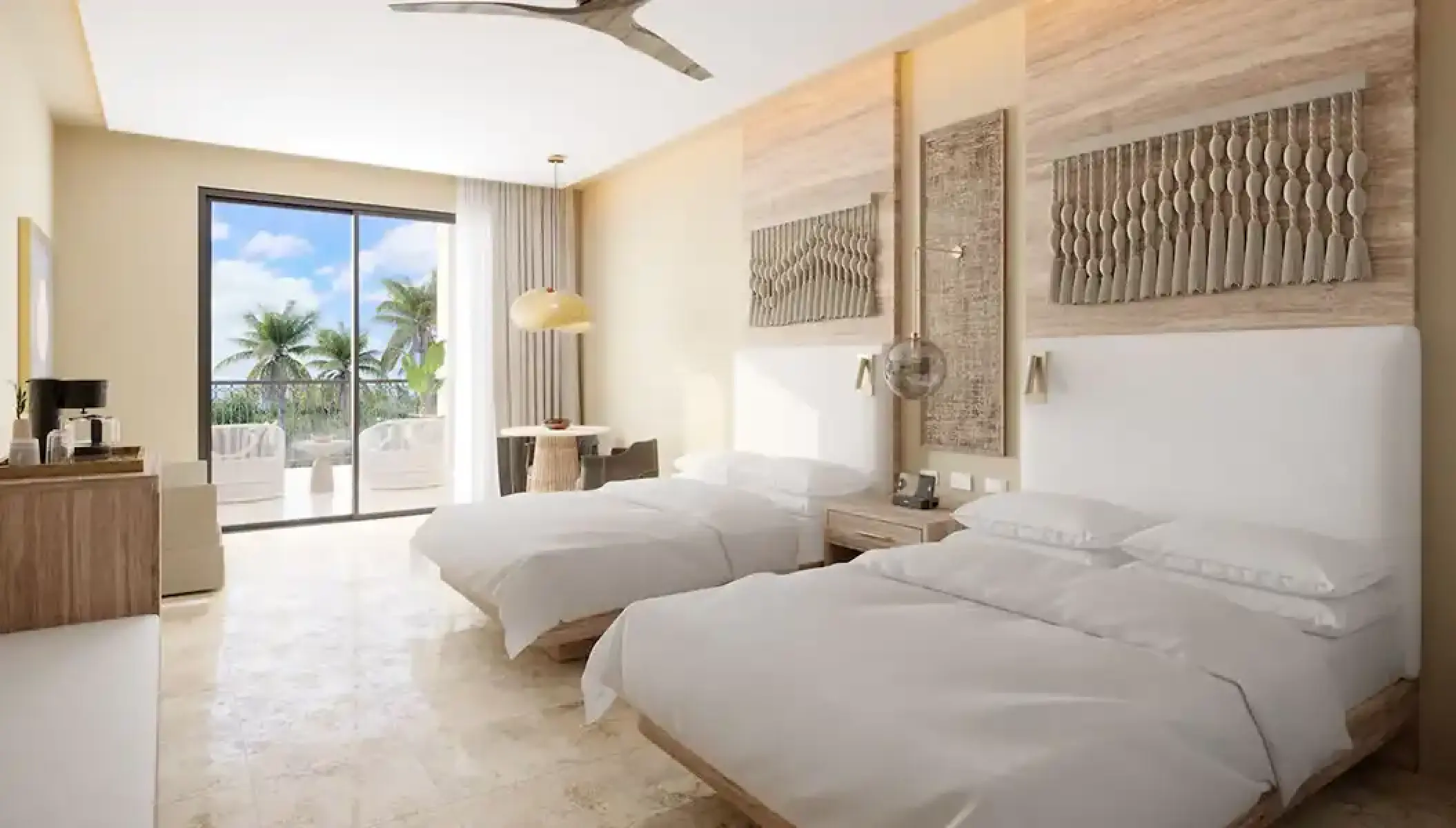 Modern guest suite with double beds and balcony at Hyatt Zilara, Riviera Maya