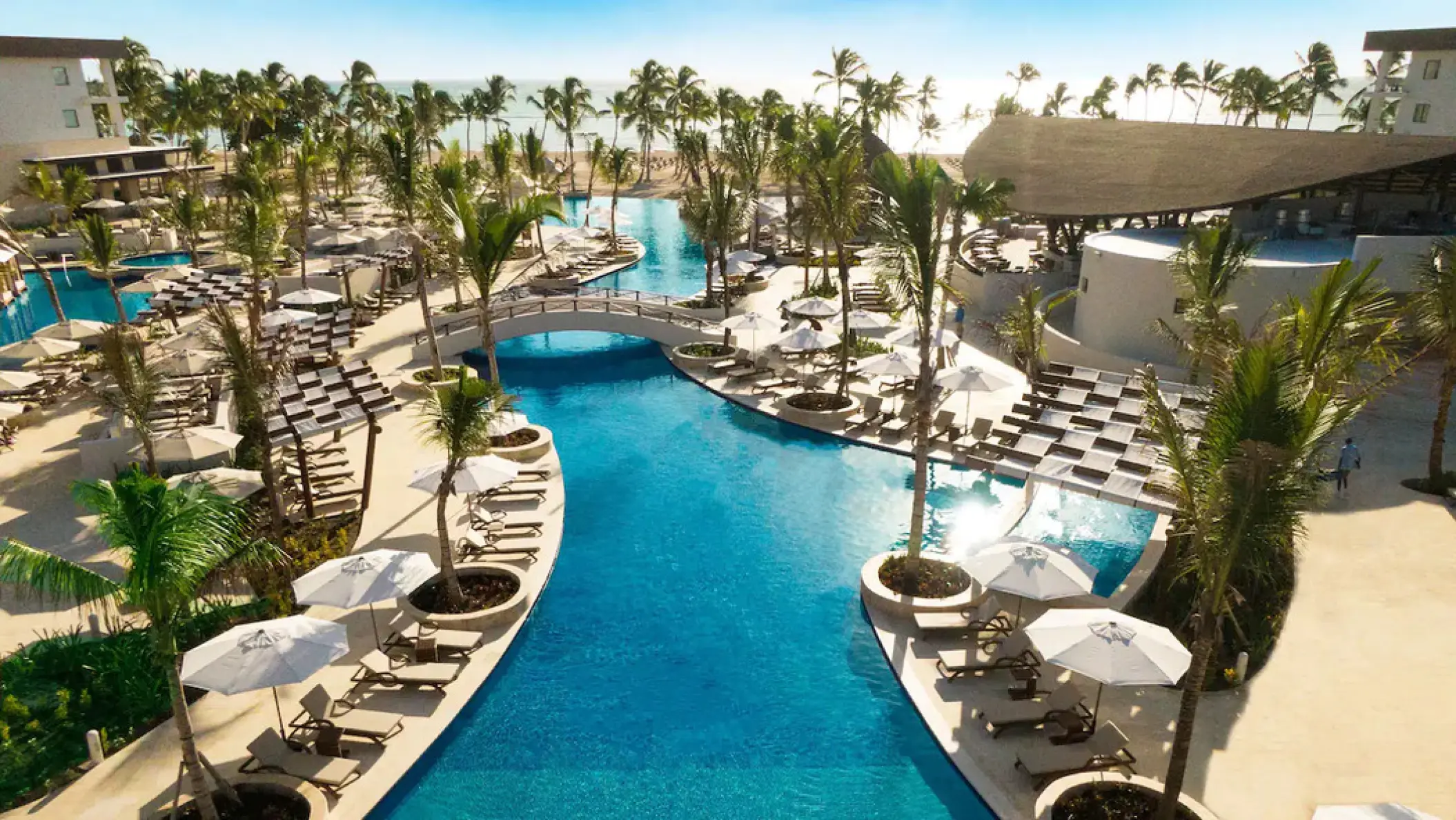 Hyatt Ziva Cap Cana infinity pool and grounds with palm trees, Punta Cana