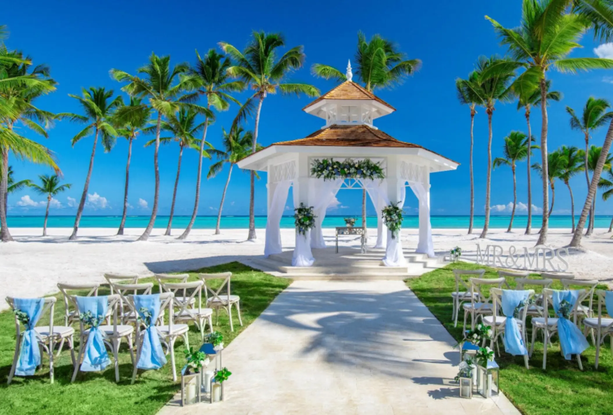 White beach gazebo wedding ceremony setup at Hyatt Ziva Cap Cana, Punta Cana