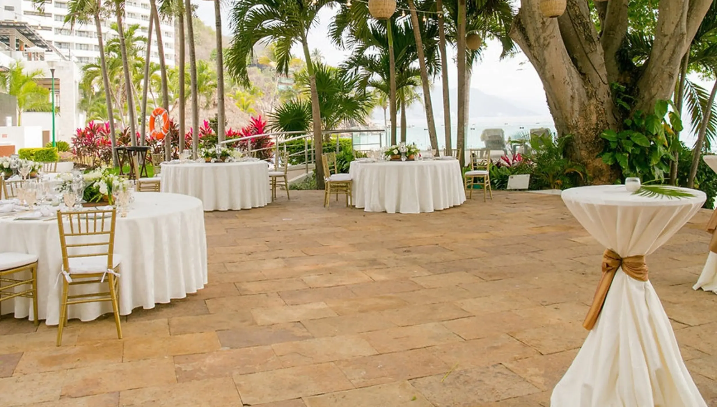 Outdoor wedding reception setup at Las Palmas Terrace, Hyatt Ziva Puerto Vallarta